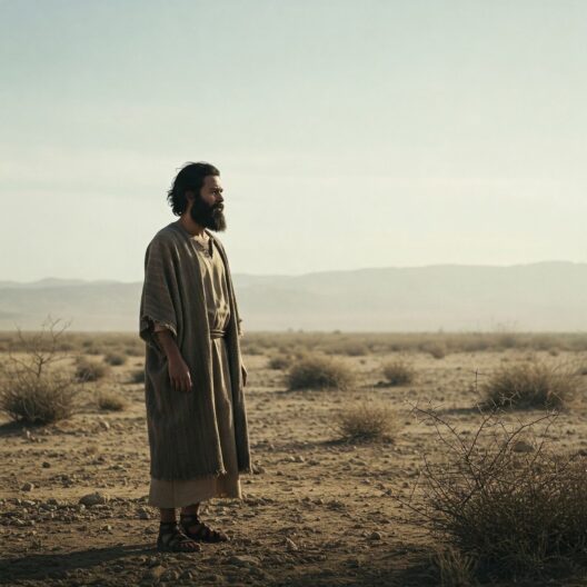 Image of Elijah from the Bible, stood in robes in a desert