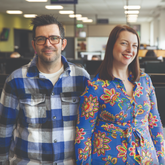CAP employees, Claire Cowles & Martin Cowles, at Bradford Support Hub, smiling at the camera