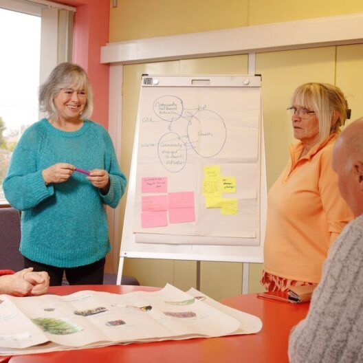 Image of three people from a church talking and mind mapping ideas about how they can help people in their comminity