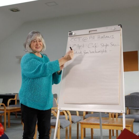 Image of church congregation member writing on a whiteboard