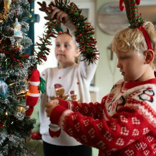 Two siblings decorating a Christmas tree in their living room, both are wearing Christmas jumpers