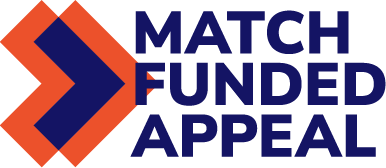 Orange and navy logo with a chevron that reads: Match funded appeal