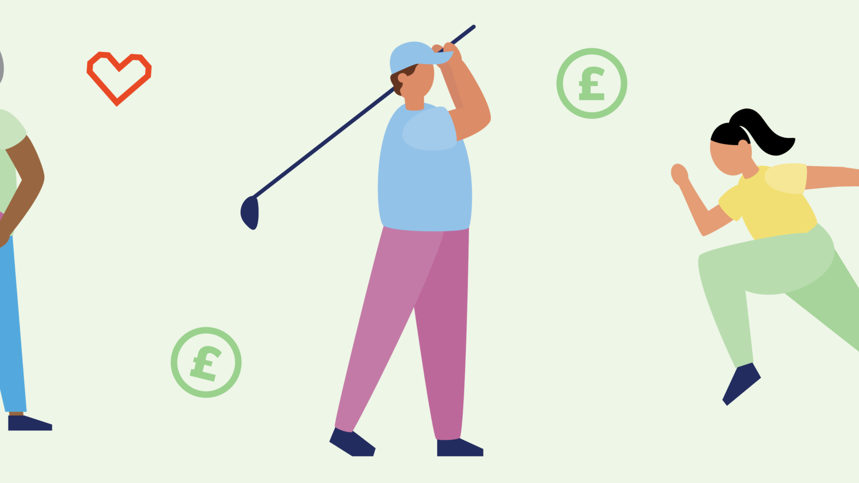 Illustrations of three people baking, playing golf and running, with coin and heart symbols around them.