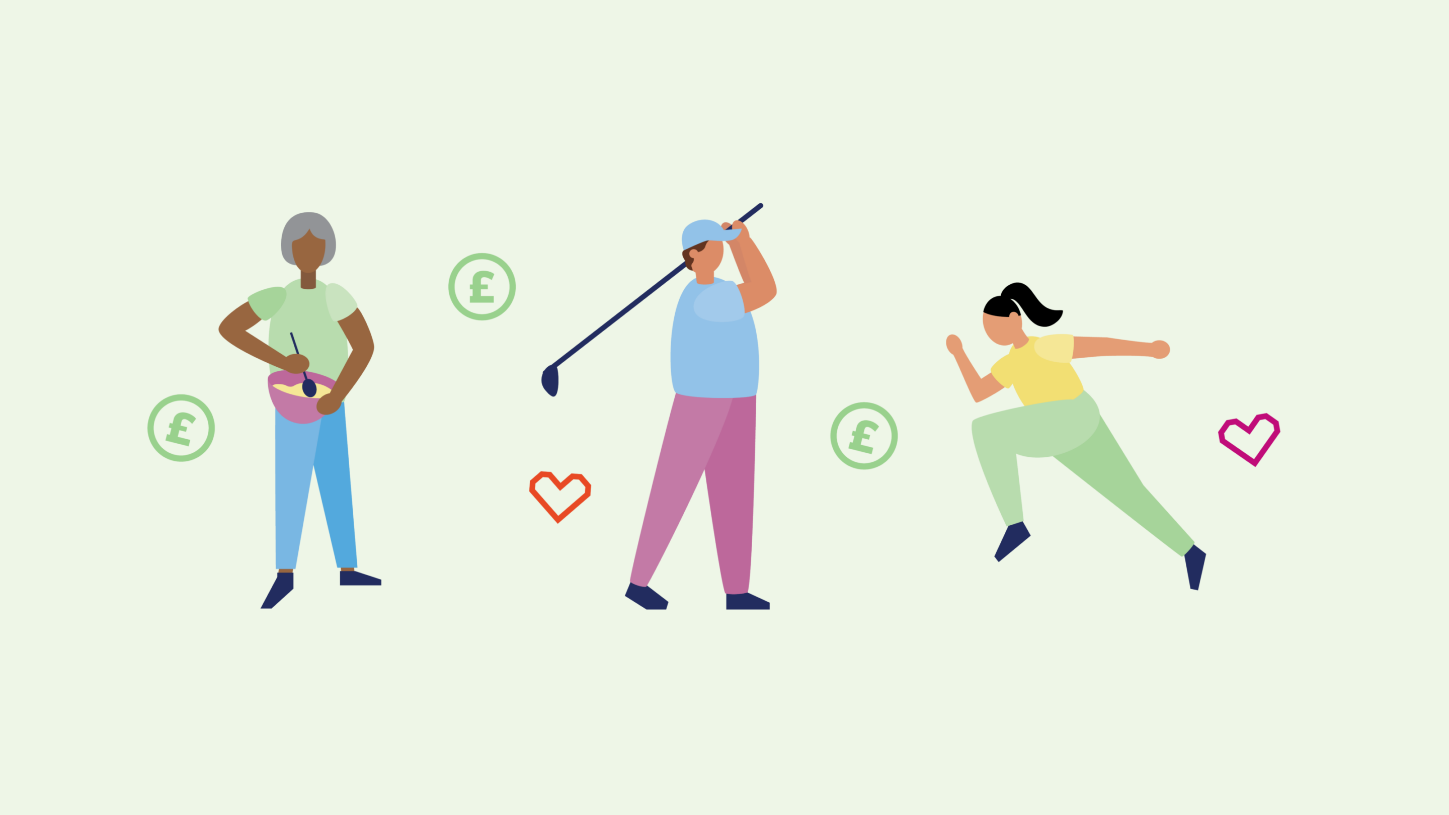 Illustrations of someone baking, playing golf and running, on a green background