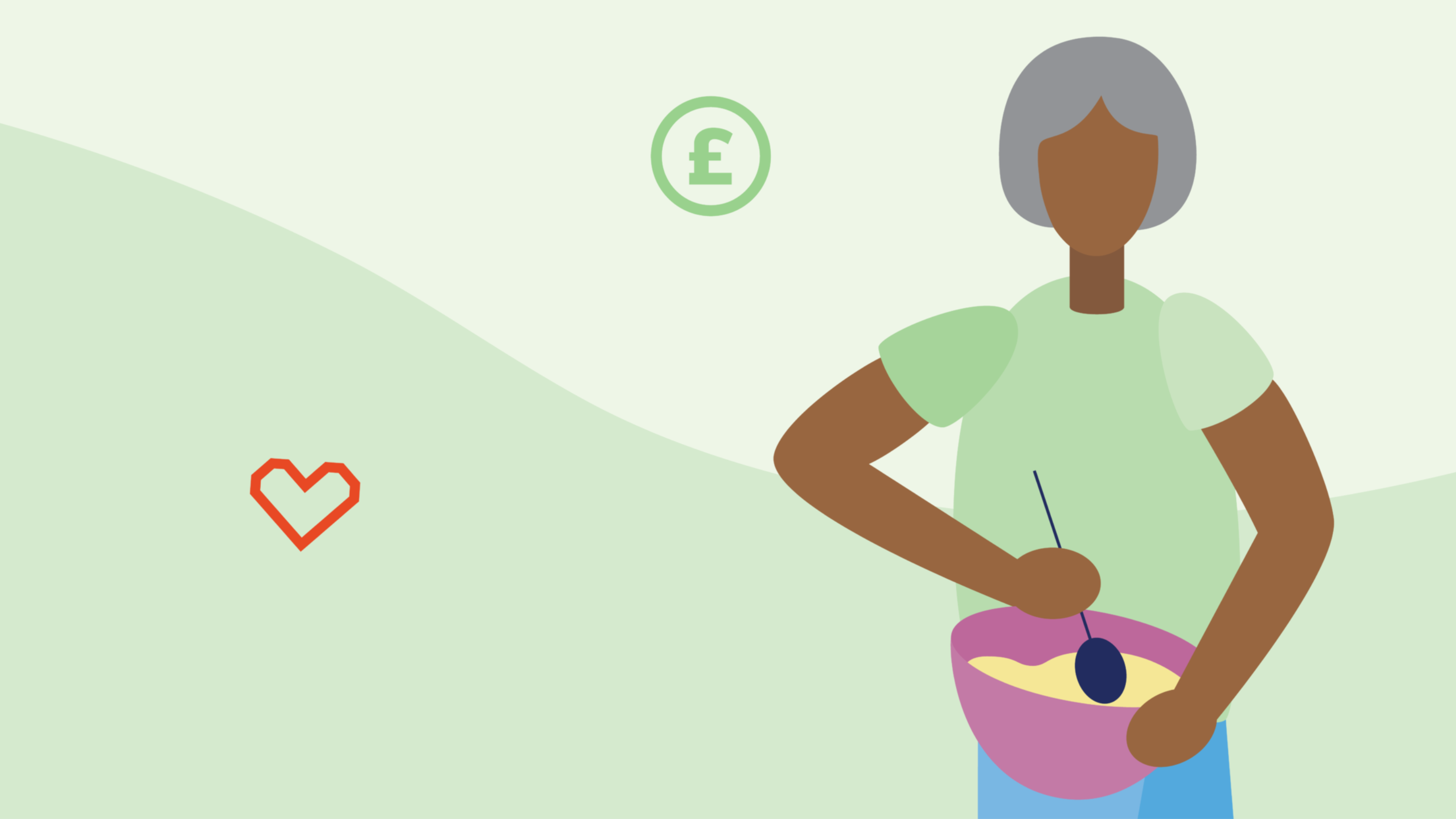 Illustration of a person holding a pink mixing bowl and spatula, with a green background and coin and heart shapes surrounding them