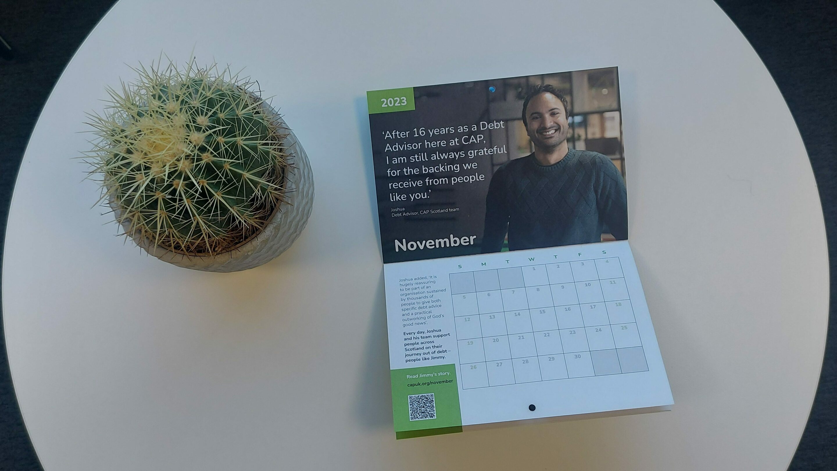 A cactus on a table next to an open calendar