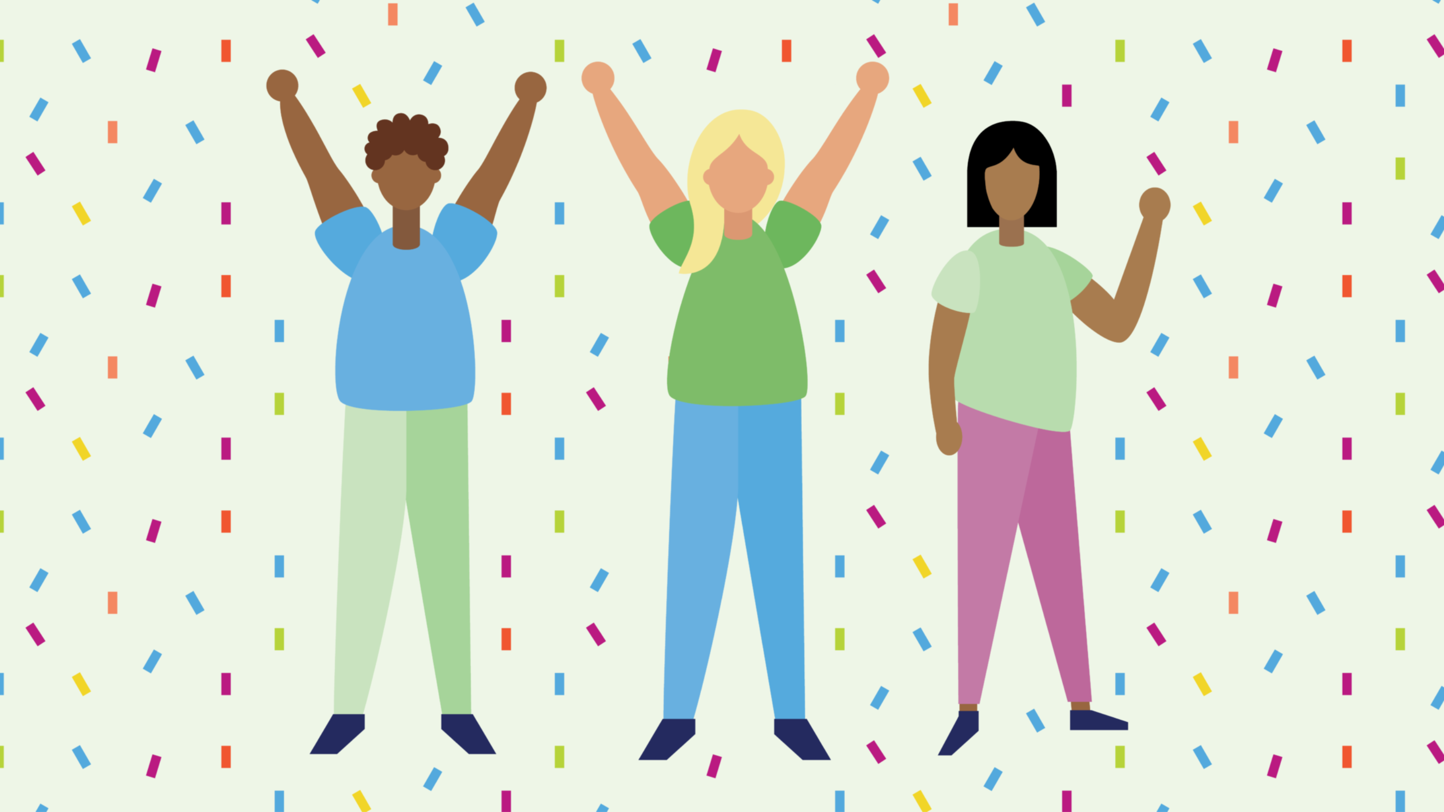 An illustration of three people with their arms in the air, with a confetti background