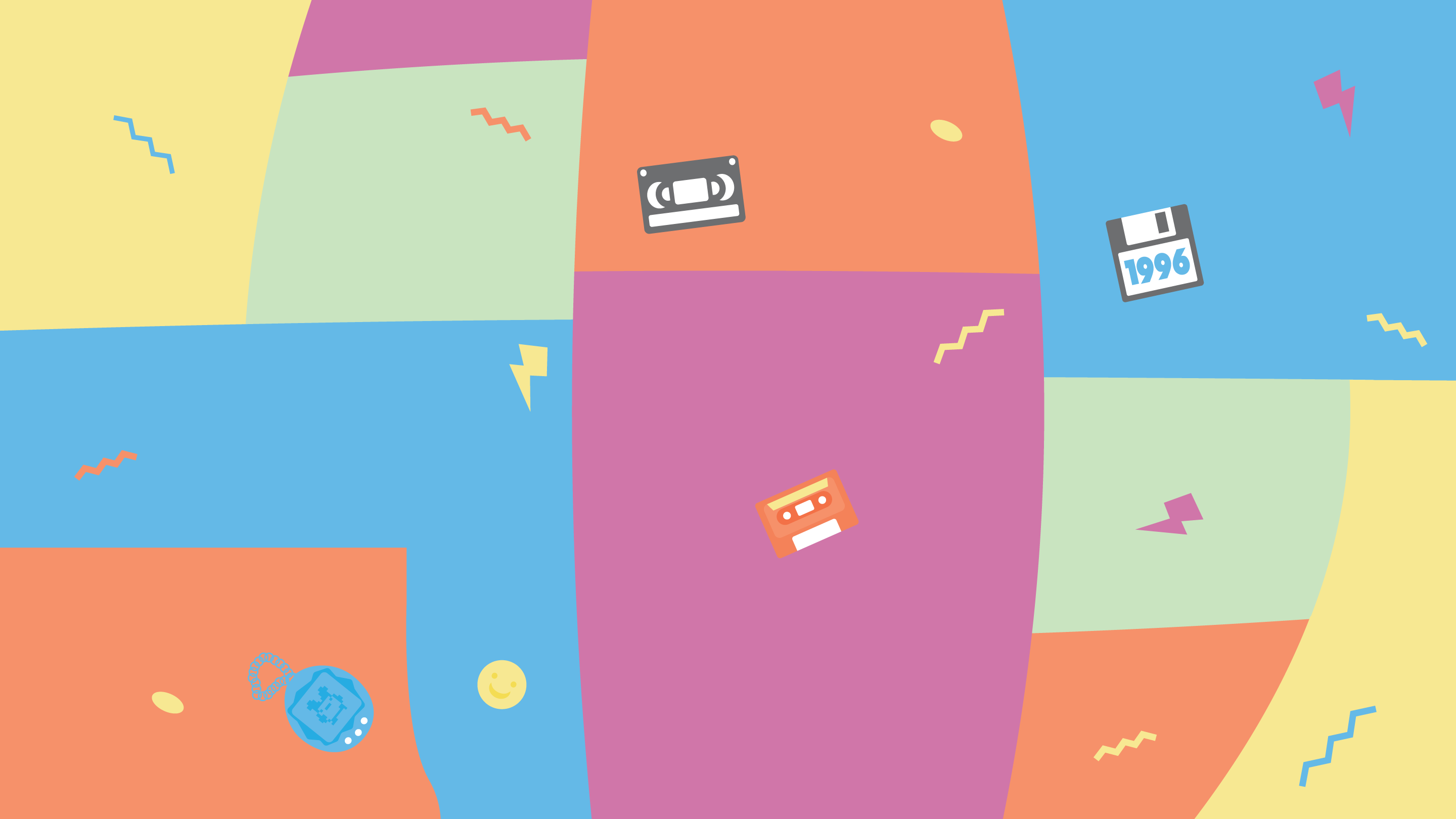 Retro colours with 90's motifs such as a tamagotchi, walkman, floppy disk etc