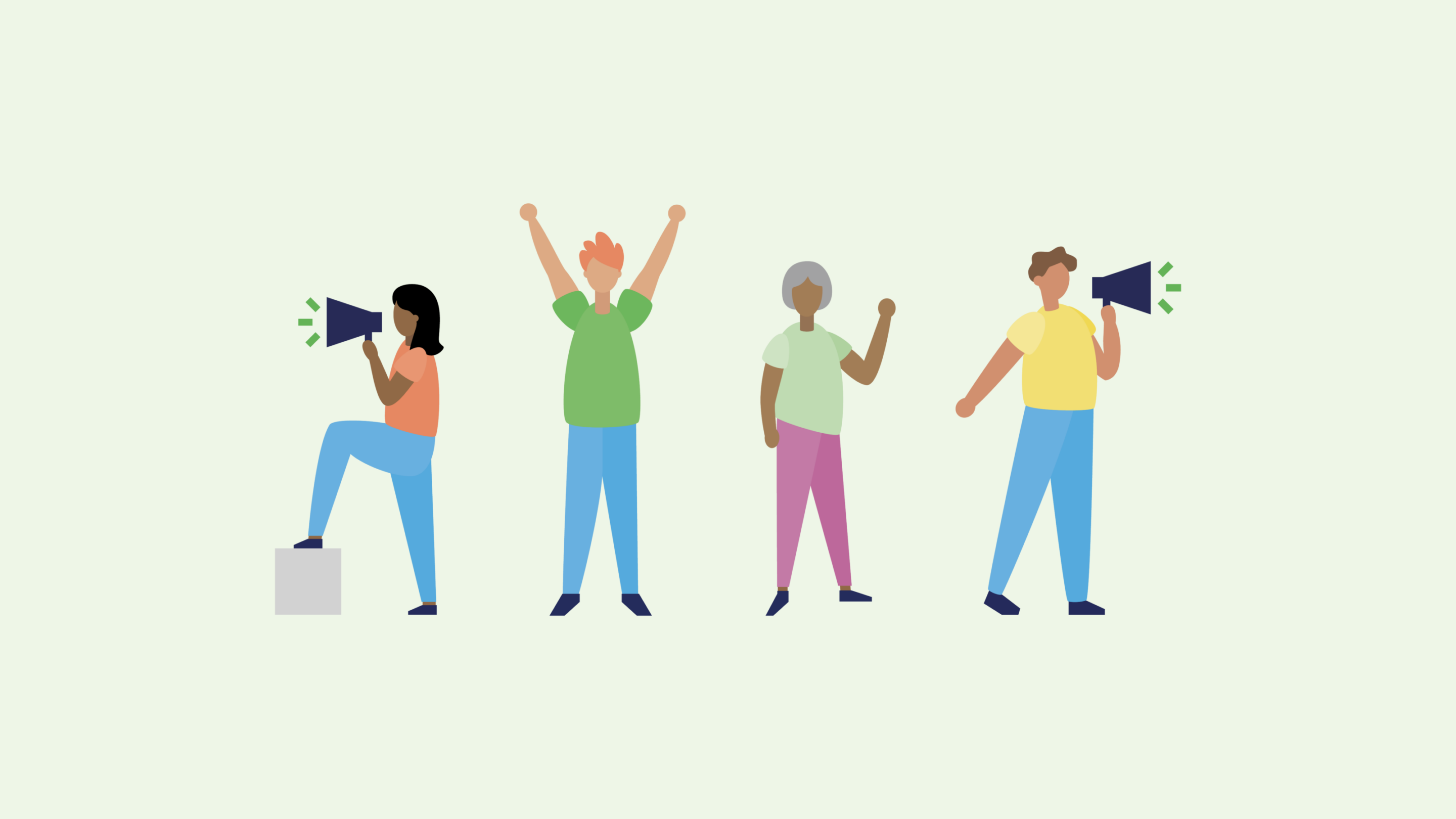 An illustration of people with megaphones and cheering, on a green background