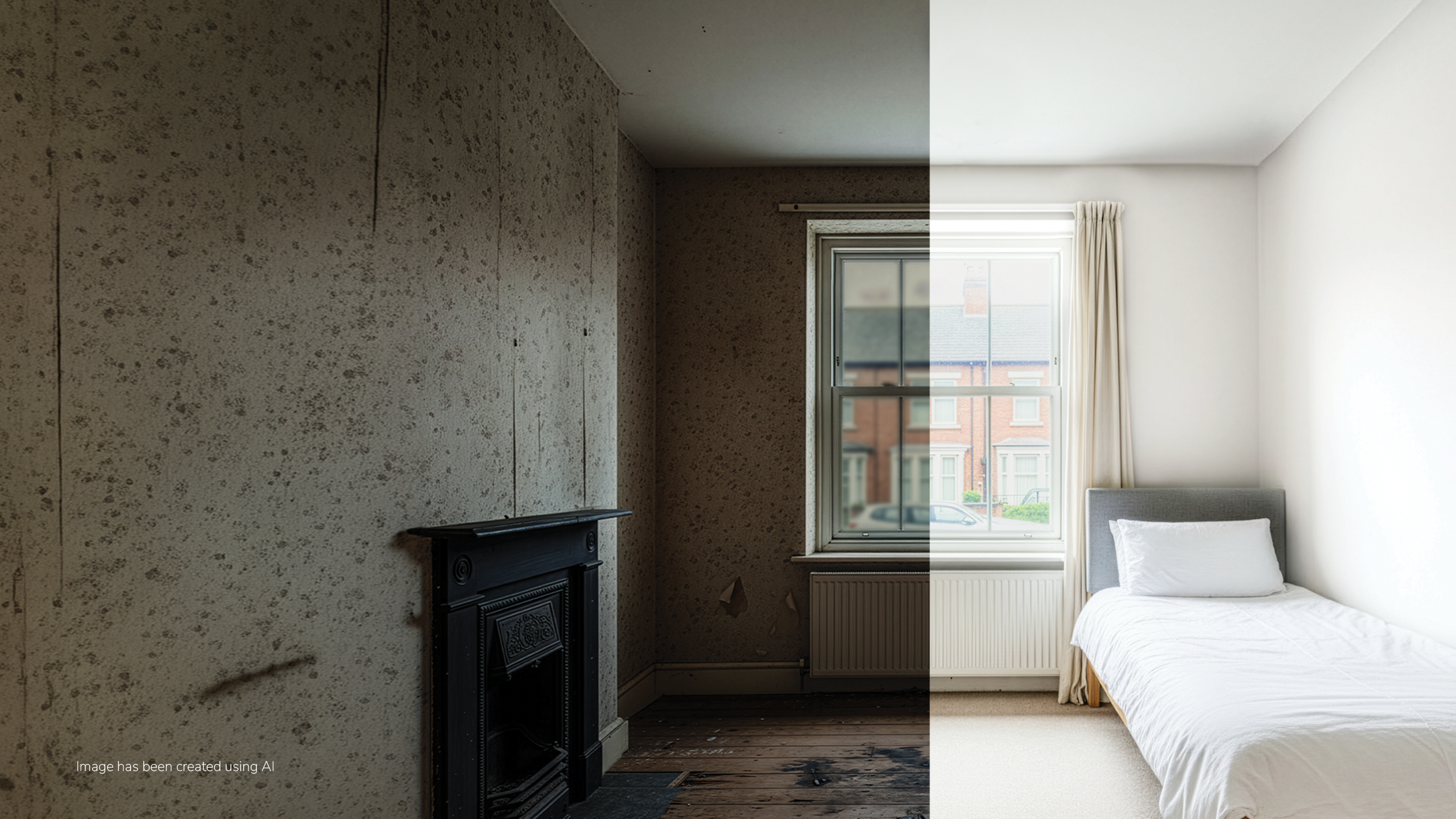 A room that is half dark and empty while the other half is bright, clean and furnished
