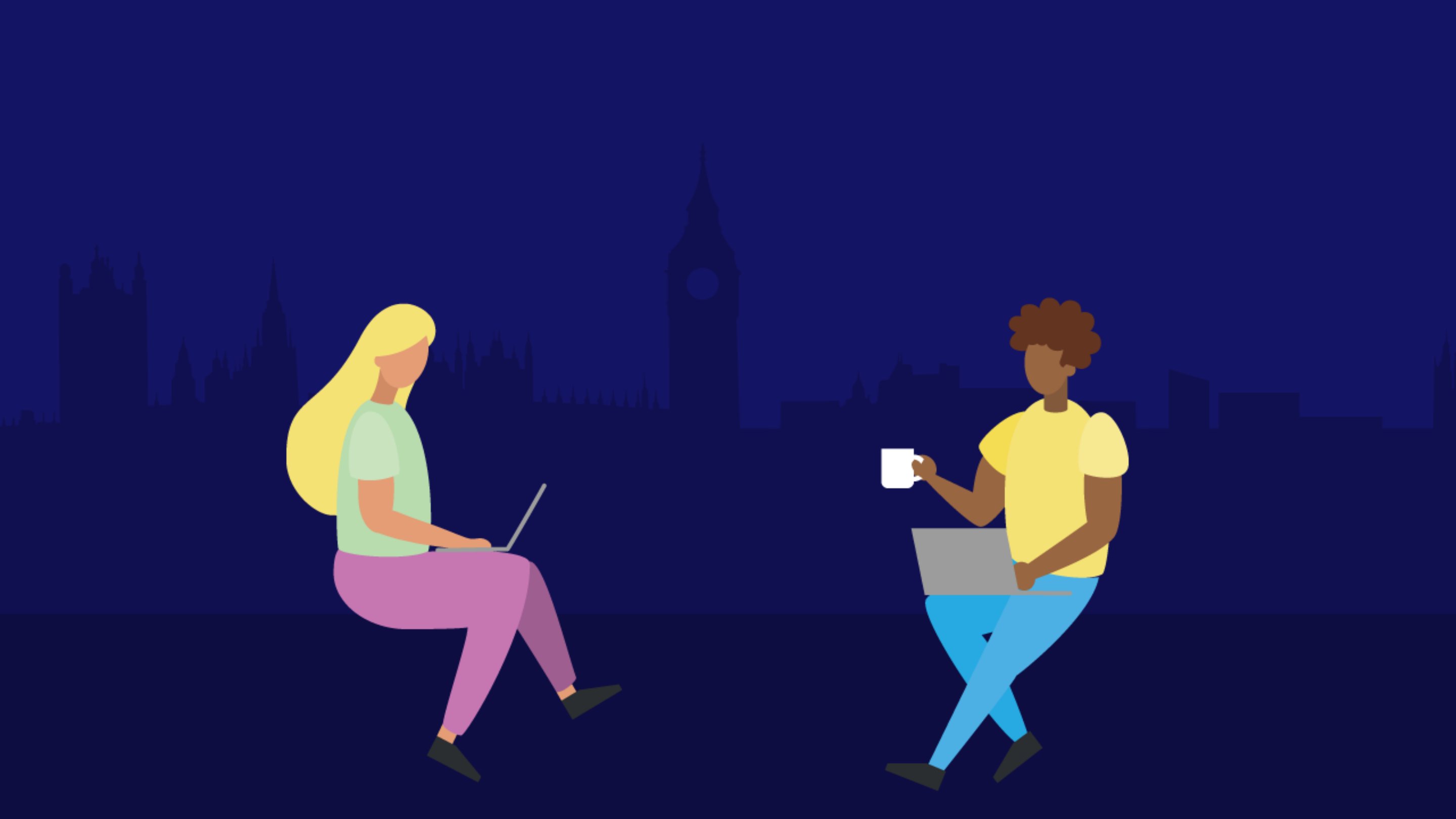 Two illustrated people sitting on chairs with their laptops open, one holding a cup of tea.