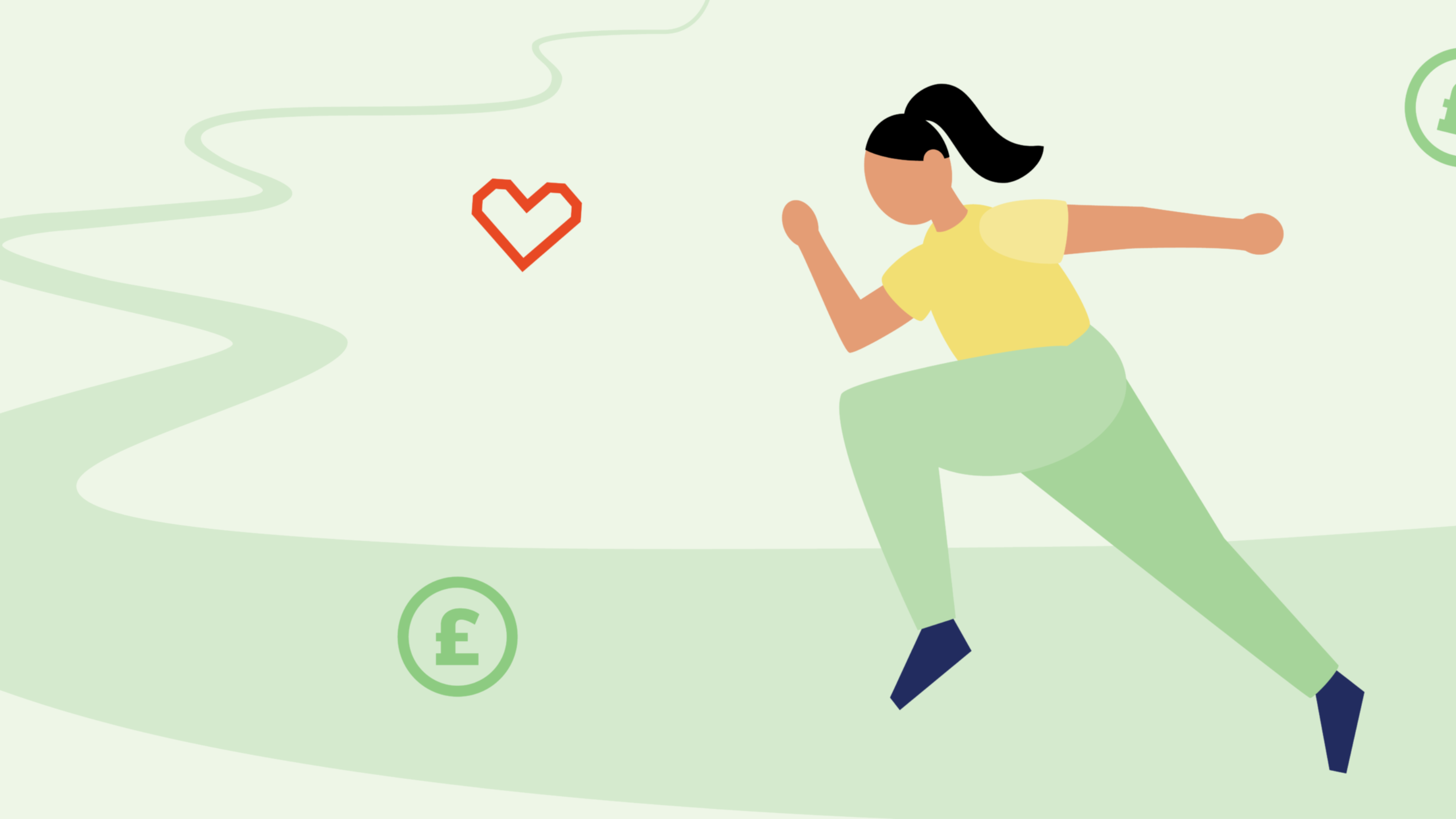 An illustration of a person running down a green path with heart and coin illustrations surrounding them