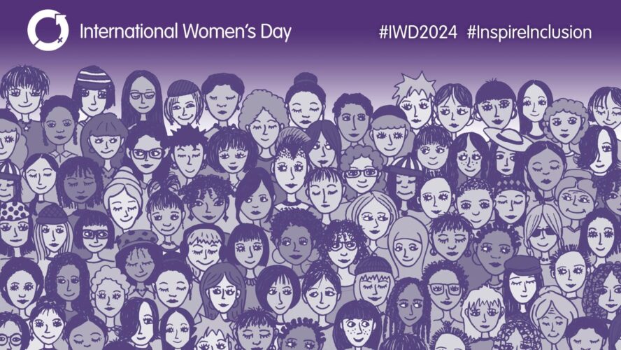 A cartoon crowd of women, from all different backgrounds. At the top it reads 'International Women's Day' with the hashtags IWD2024 and Inspire Inclusion