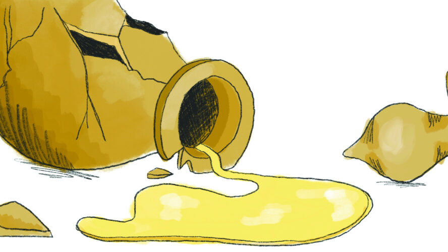 Illustration of a broken jar spilling out perfume