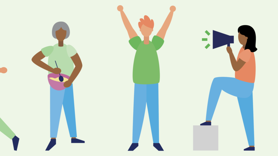 Five illustrations of people running, baking celebrating with their arms in the air, holding a megaphone and hiking.