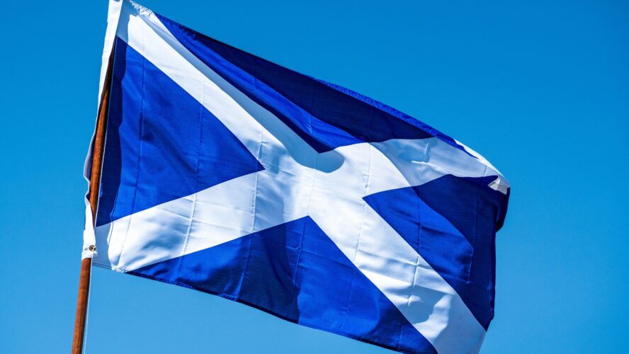 The Scotland flag against a blue sky