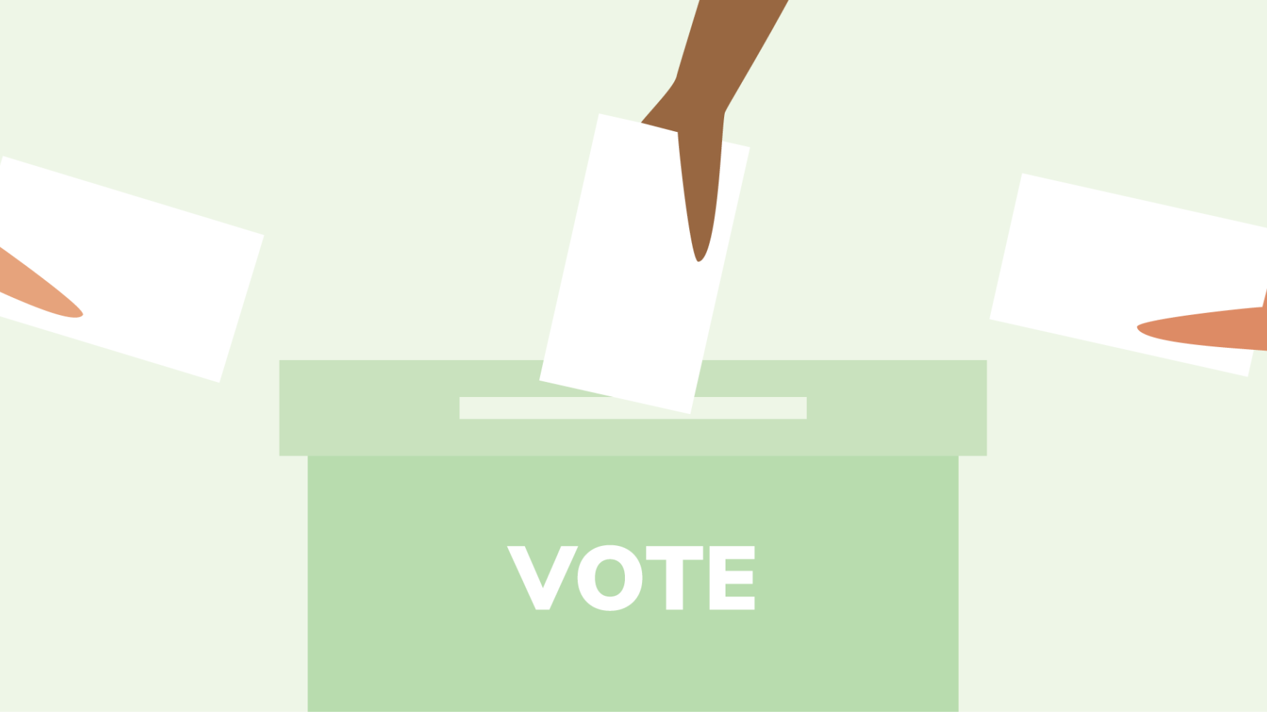 Three hands holding ballot papers, putting them in a green ballot box that says 'vote' on it.