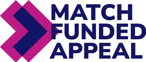 Image of a logo with a pink and blue arrow, with blue text next to it saying 'match-funded appeal'