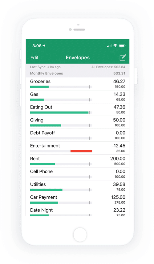 Goodbudget budgeting app, showing monthly payment outgoings on a phone