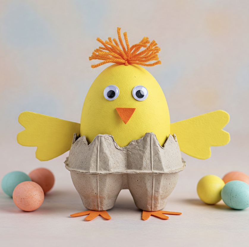 Image of an Easter craft where an egg box has been turned into a chick.