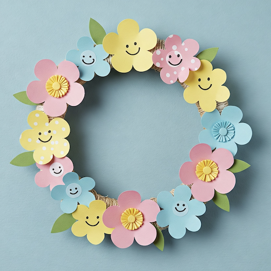 Image of a flower wreath made out of blue, yellow and pink origami paper flowers