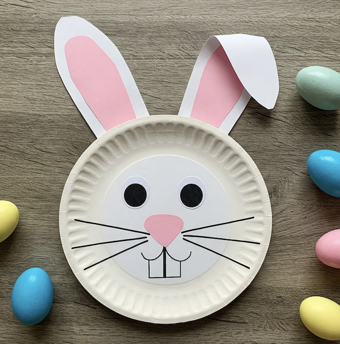 Image of a paper plate crafted into a bunny, with a hand-drawn face and paper ears attached.