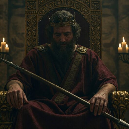 Image of Saul from the Bible, sat on a throne looking down at the floor