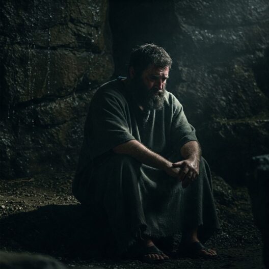Image of King David from the Bible, sat down in a dark cave looking down at the floor