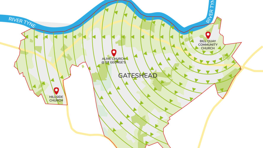 Graphic map of Gateshead, location pin drops identifying Hillside Church, Alive Church at st george's and bill quay community church.