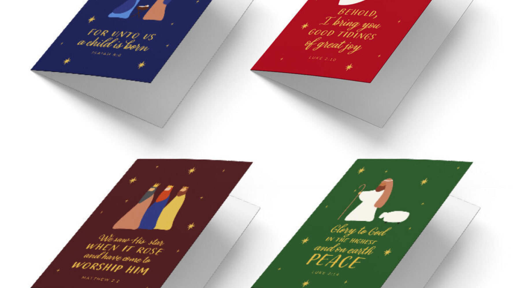 CAP's Christmas card selection, showing 4 different Christian designs; The Nativity, The Angel, The Magi and The Shepherd