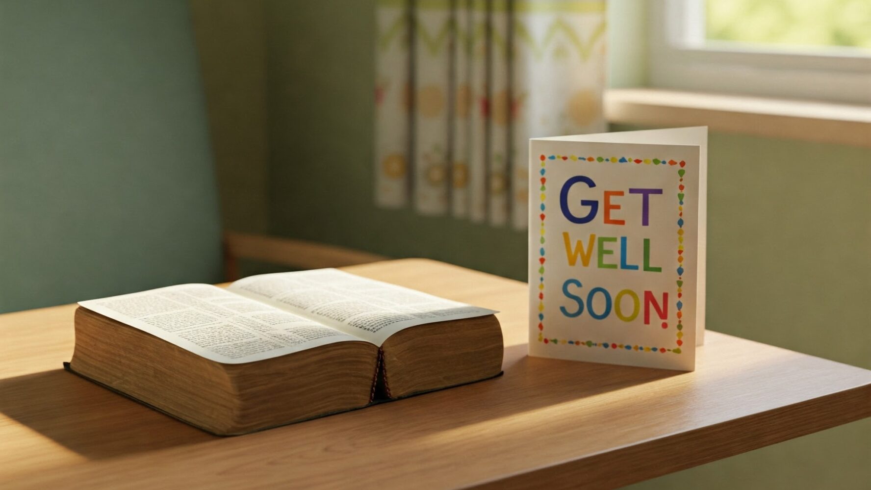 a get well soon card and bible on a table in the hospital