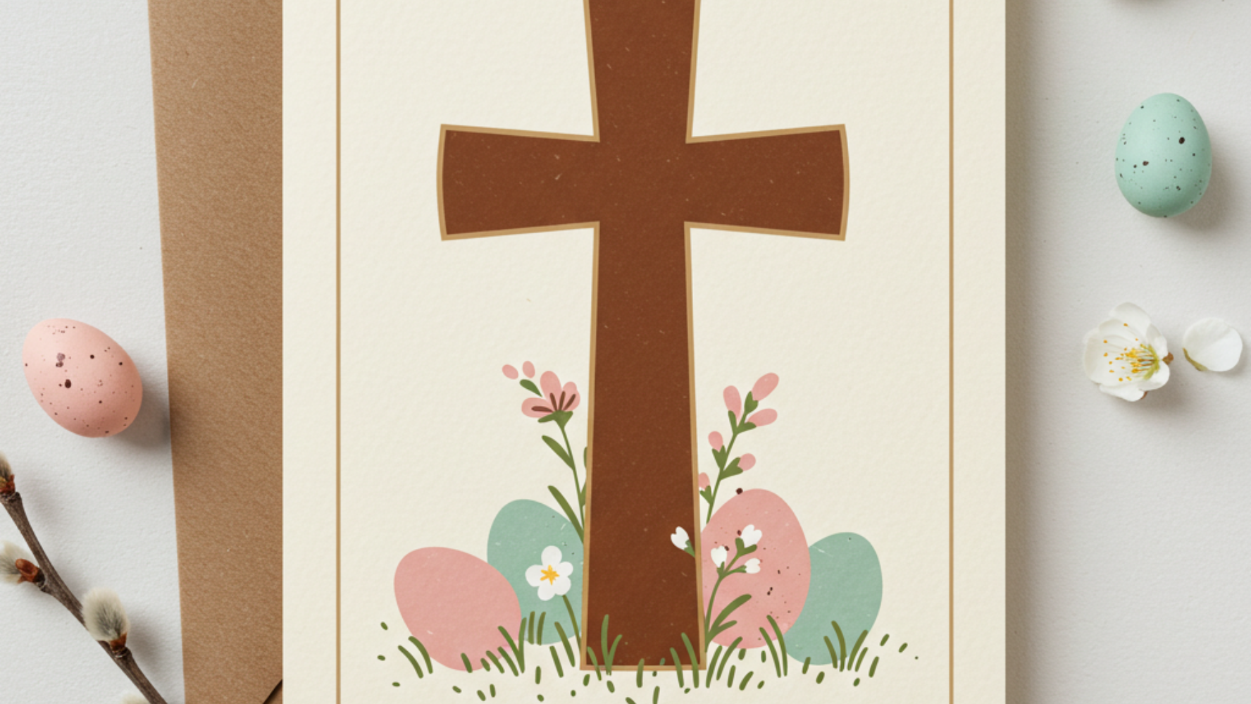 image of an easter card with a cross on the front and easter eggs
