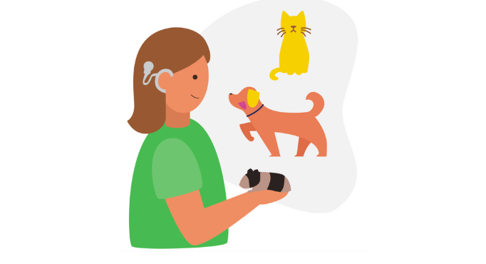 Illustration of a girl wearing a cochlear implant and green top, thinking about her three pets: a cat, dog and hamster