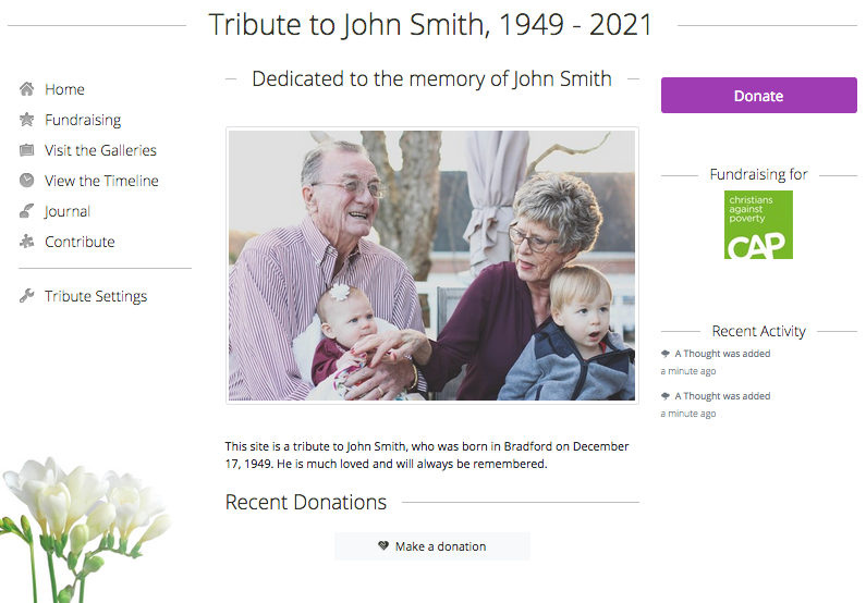 A screenshot of an online tribute page with donations given in memory of the person.