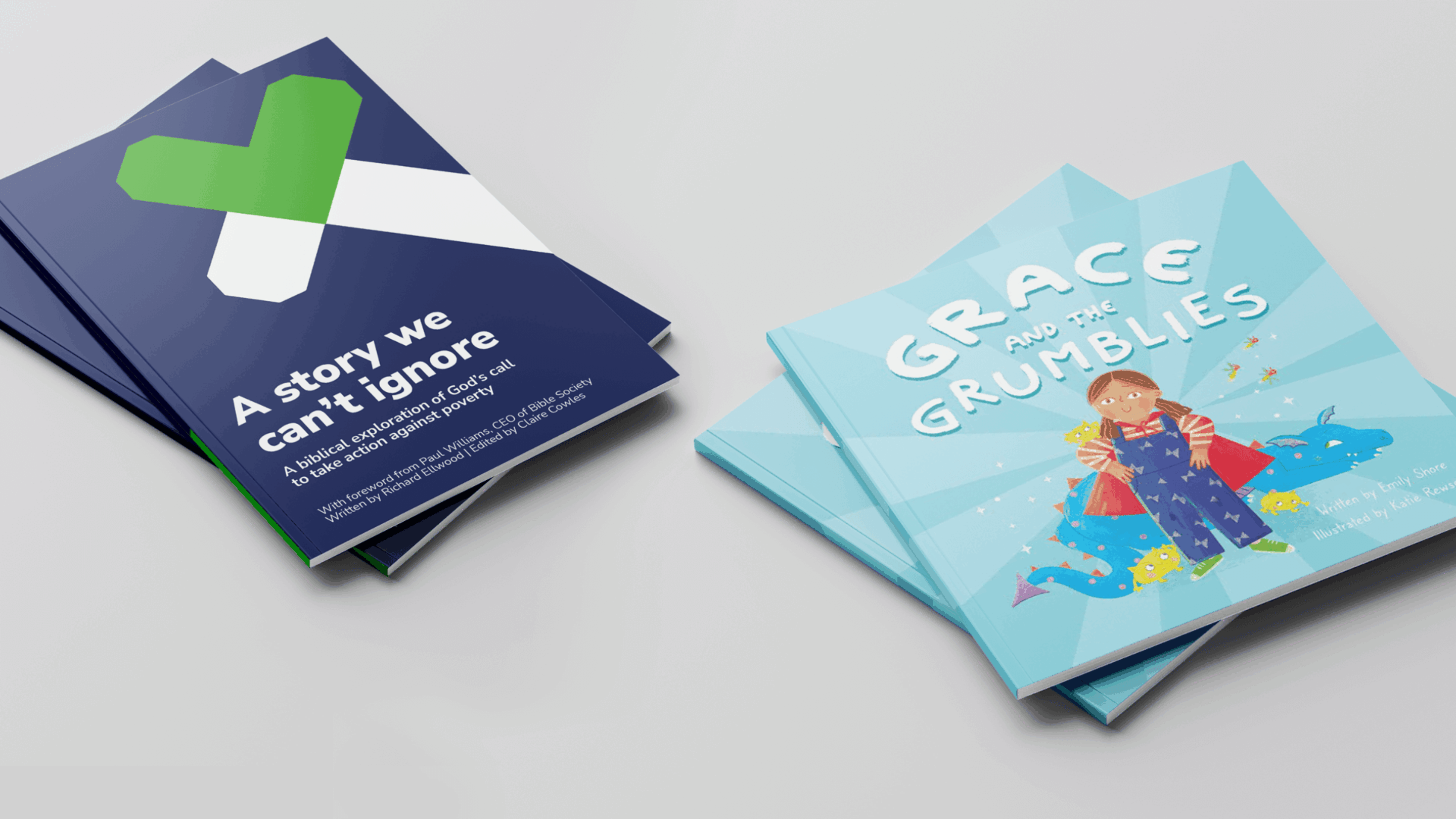 The front covers of CAP's two books: 'A story we can't ignore' and 'Grace and the Grumblies'