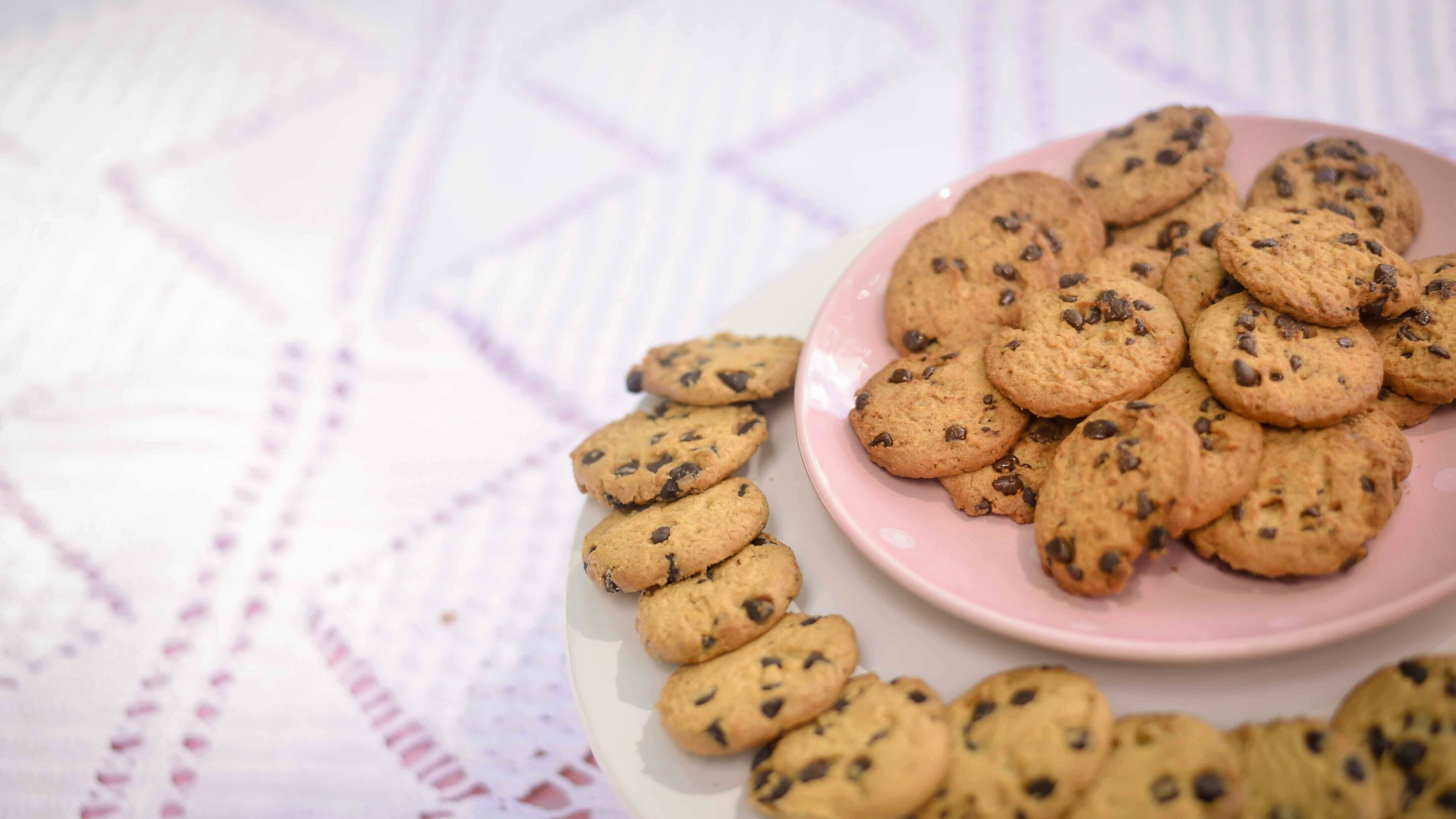Plate full of chocolate chip cookies.
