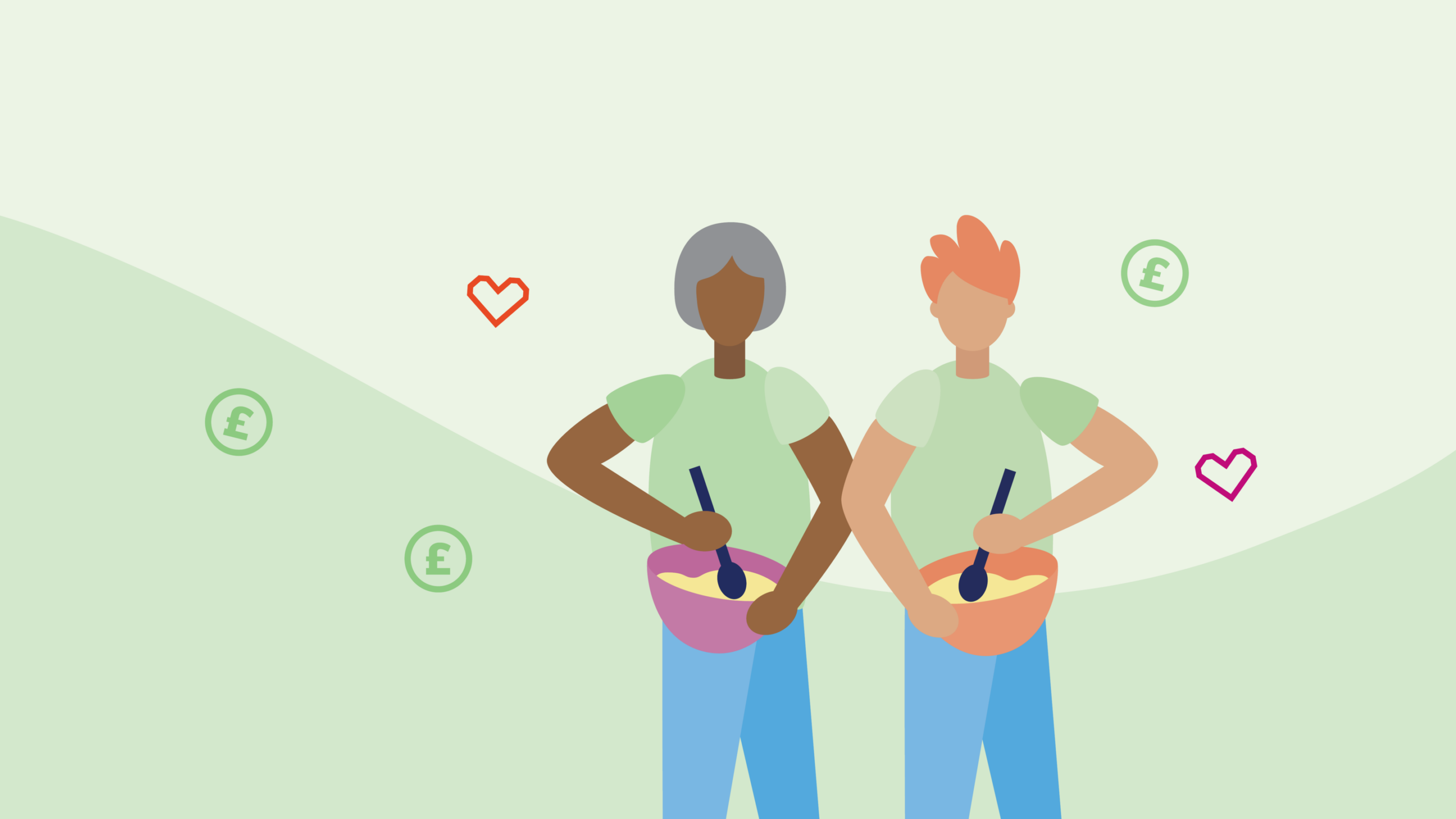 Green illustration of two people with mixing bowls and spatulas