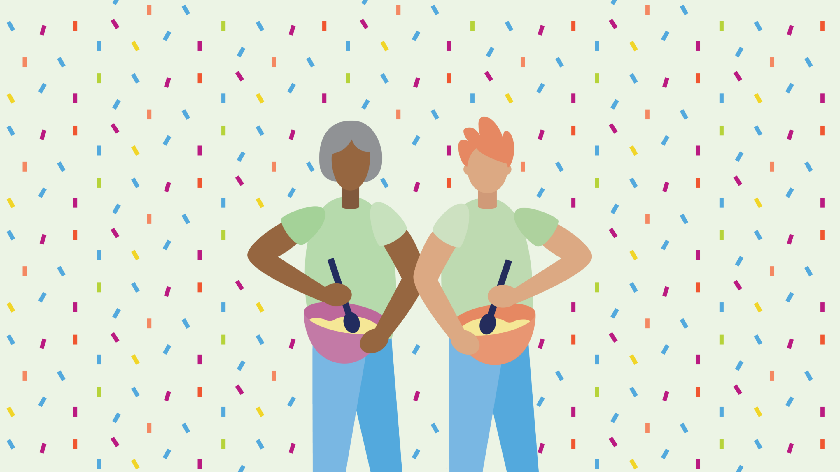 Green illustration of two people with spatulas and mixing bowls, with a confetti background.