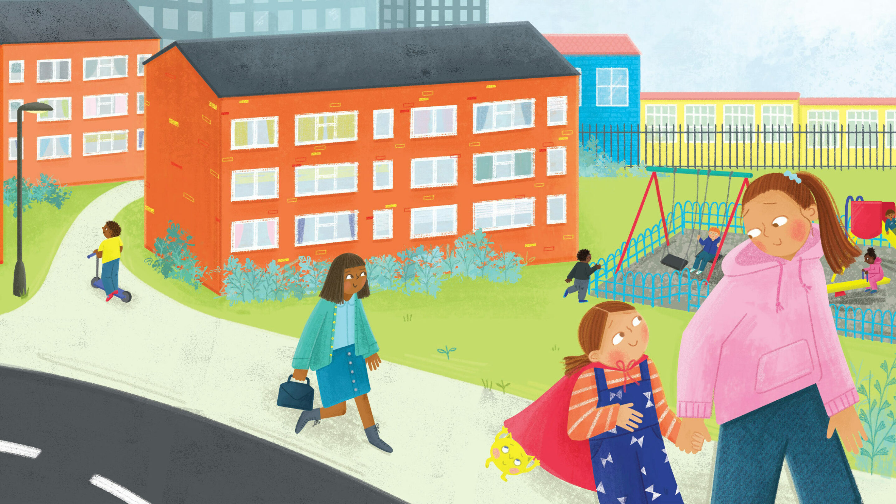 Children's picture book showing a scene of a girl walking out of school with her mum.