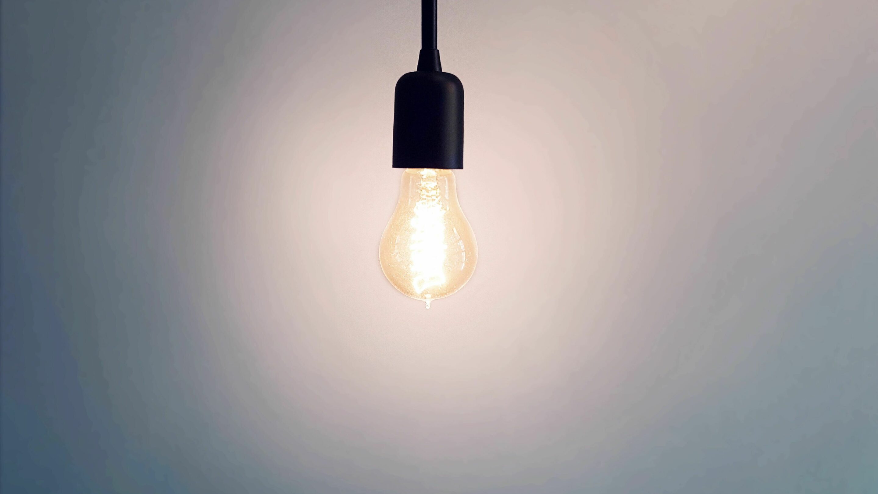 Single lit light bulb hanging from the top of the image.