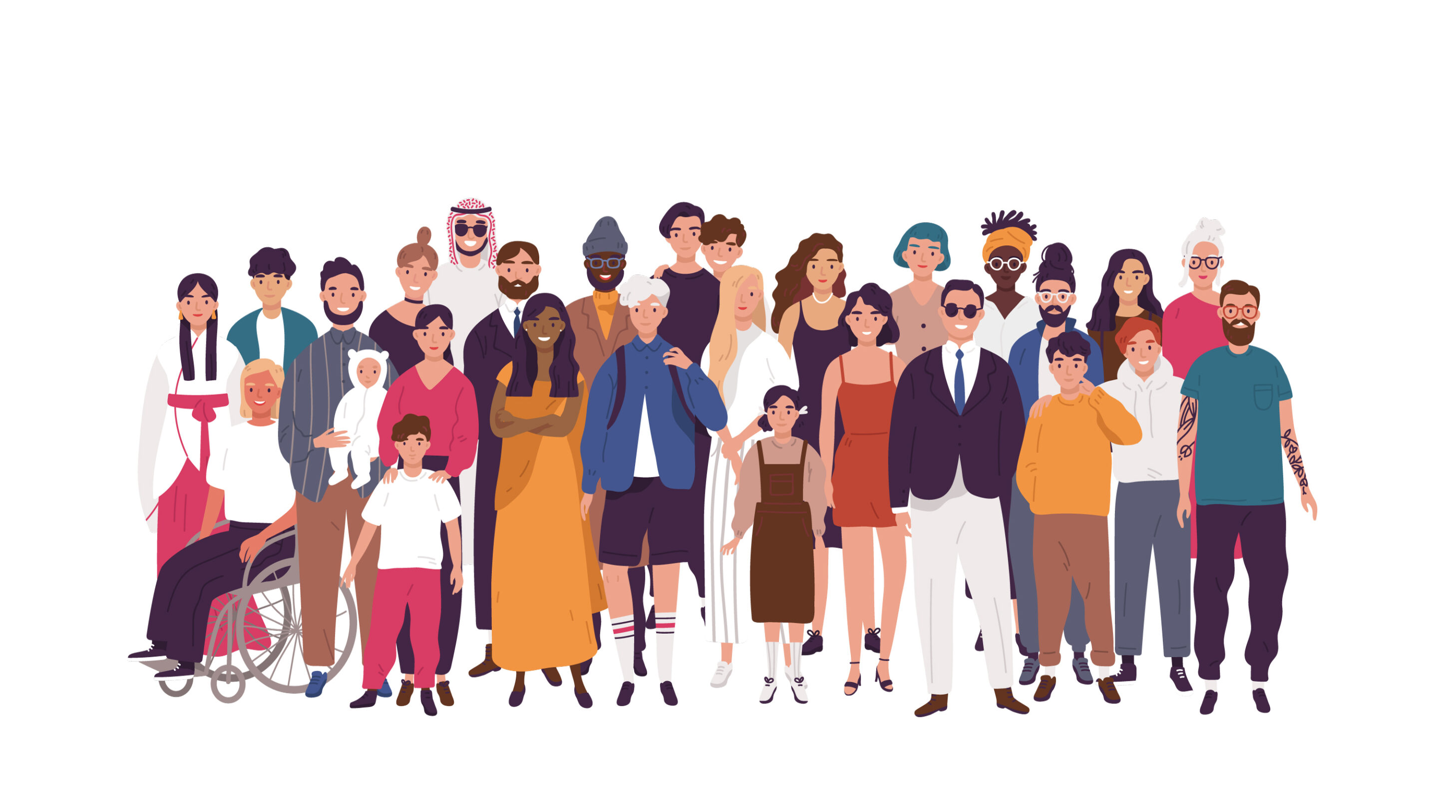 Drawn graphics of men, women and children of all races and ethnicities and disabilities.