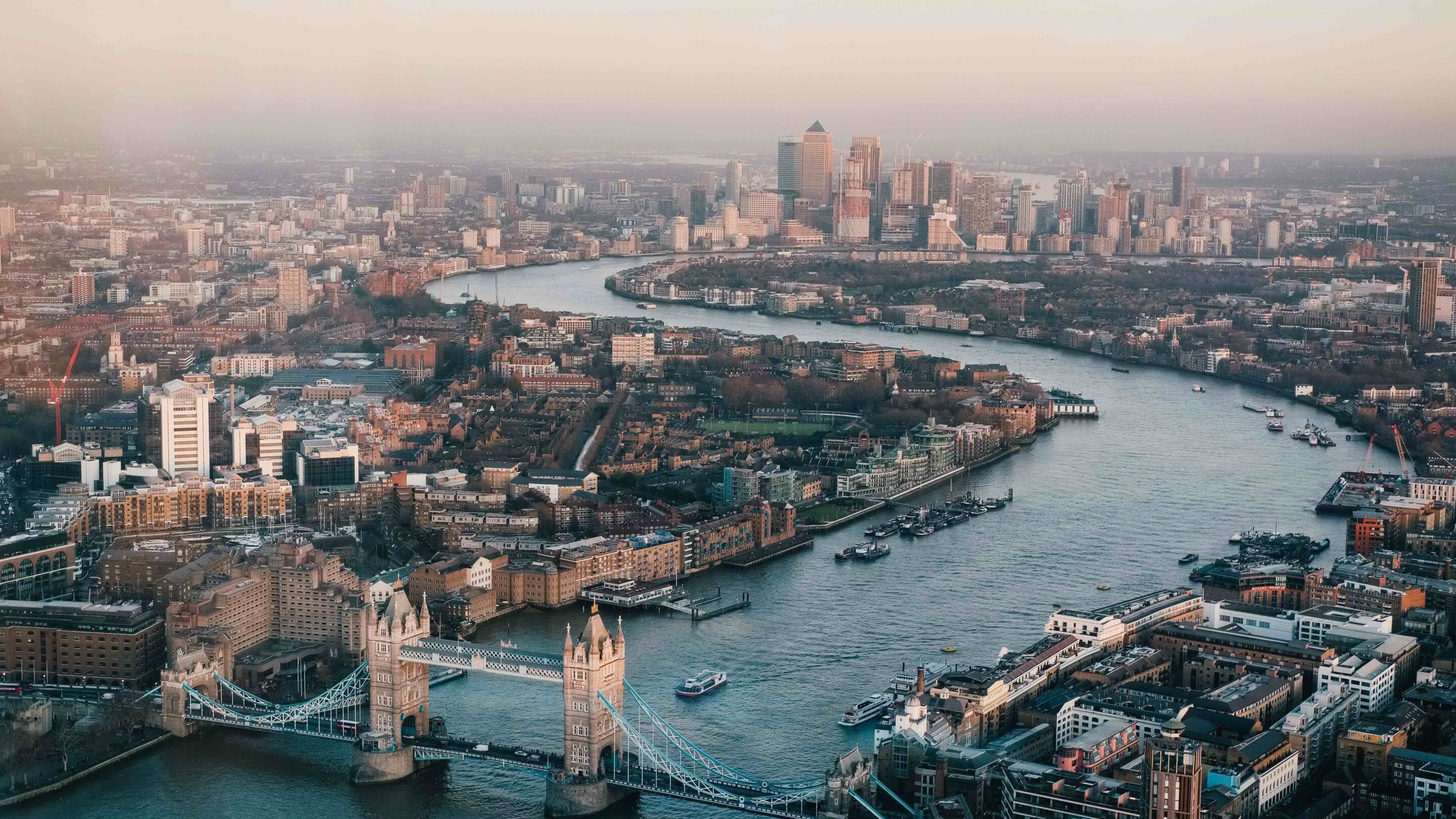 Aerial view of tower bridge in London and the river Thames.