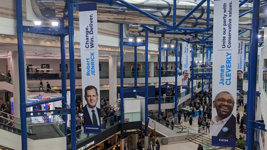 Main lobby of Conservative Party conference with leadership contestant banners