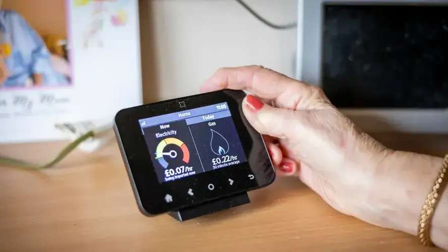 An older lady's right hand holding her household smart meter.