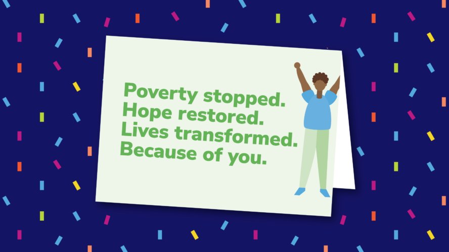 Illustration of the Crumble Party 'about CAP' card, on a blue confetti background