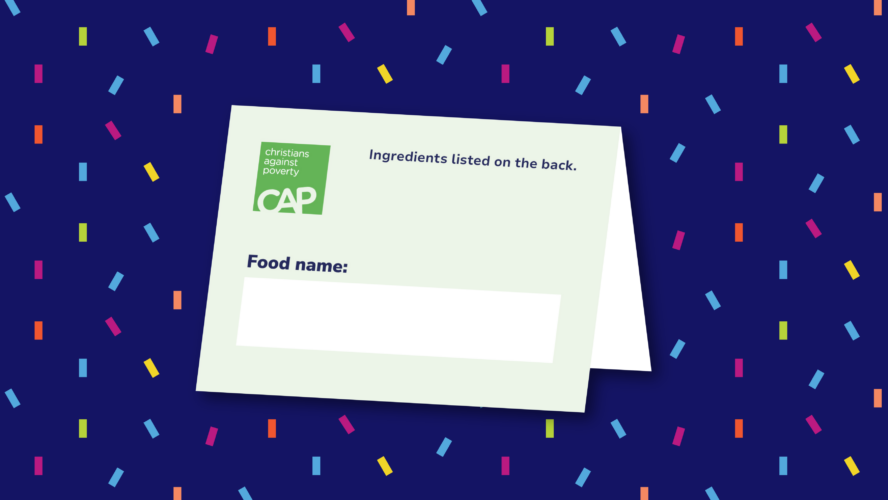 Illustration of the CAP Crumble Party allergen tent cards, on a blue confetti background