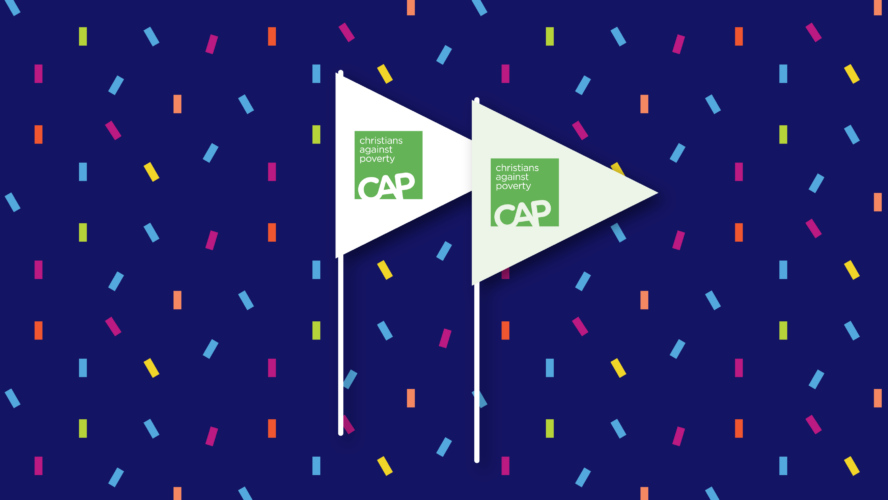 Illustration of the CAP Crumble Party bake flags, on a blue confetti background
