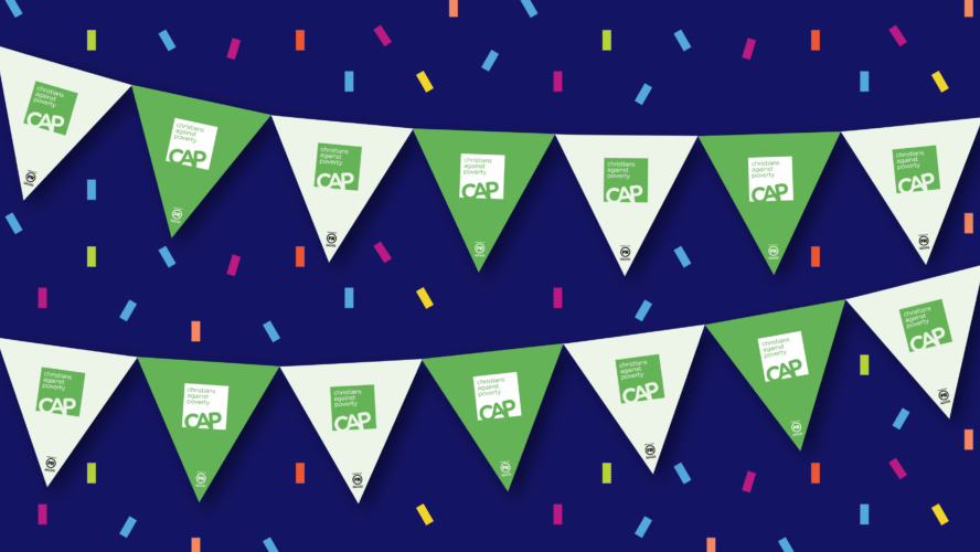 Illustration of the CAP Crumble Party bunting, on a blue confetti background