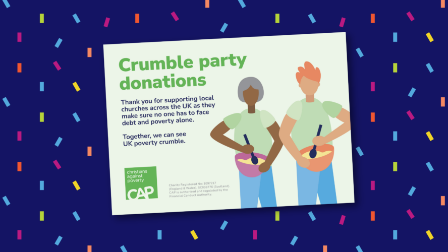 Illustration of the CAP Crumble Party cashbox label, on a blue confetti background