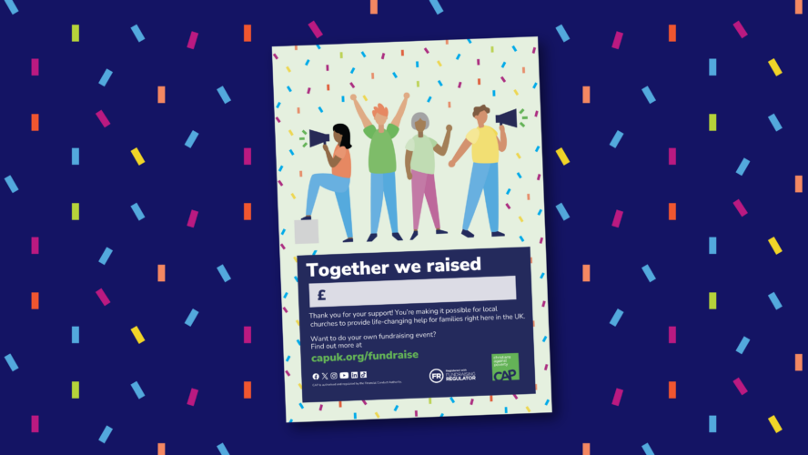 Illustration of the CAP Crumble Party celebration poster, on a blue confetti background
